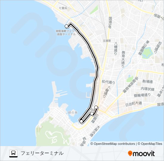 函館駅前→フェリーターミナル Bus Line Map