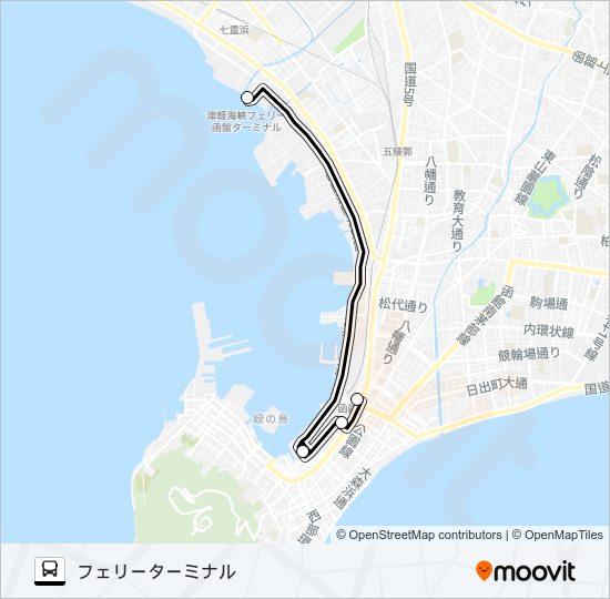 函館駅前→フェリーターミナル バスの路線図