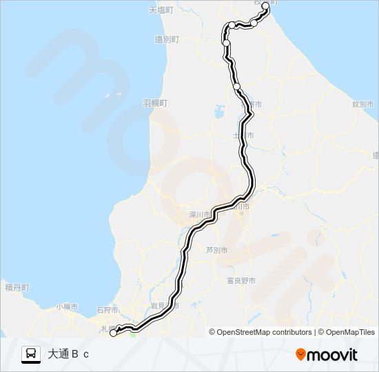 札幌～枝幸 バスの路線図