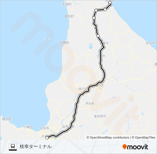 札幌～枝幸 バスの路線図
