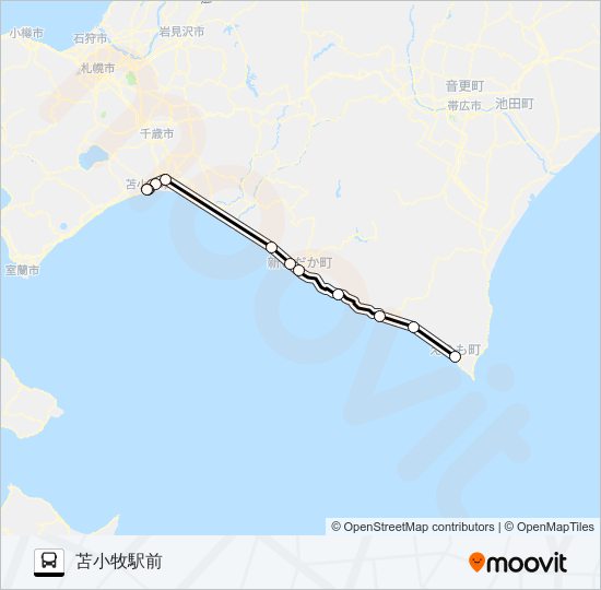 苫小牧～えりも バスの路線図