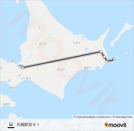 札幌～根室 バスの路線図