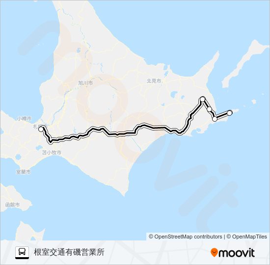 札幌～根室 バスの路線図