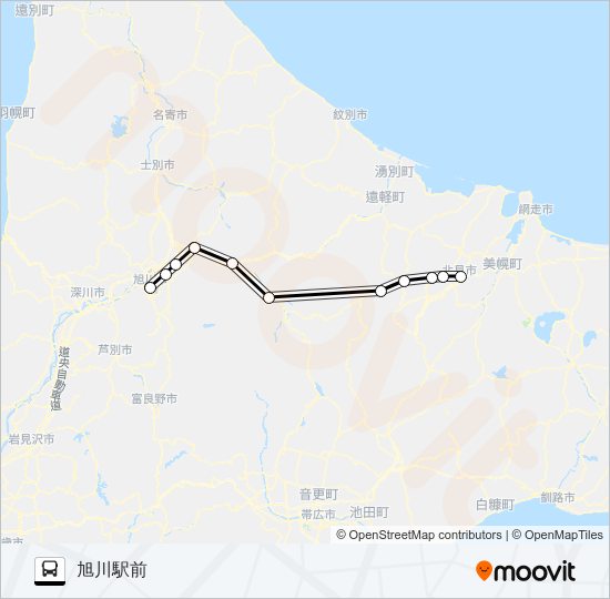 旭川～北見 バスの路線図