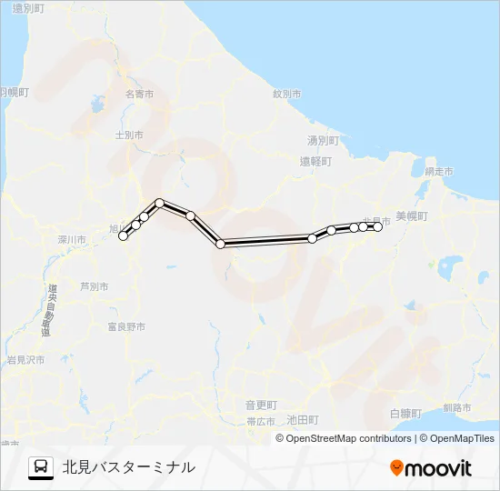 旭川～北見 Bus Line Map