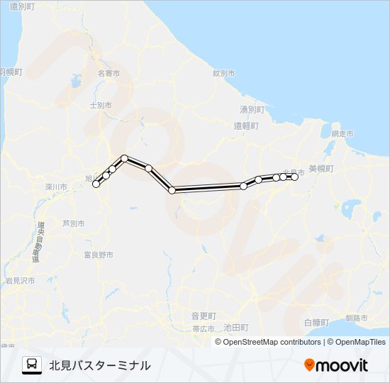 旭川～北見 バスの路線図