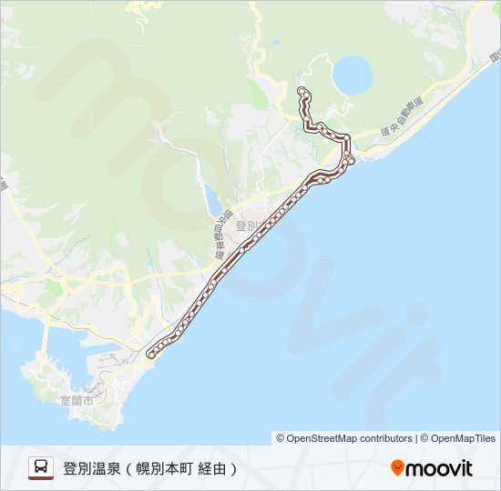 室蘭フェリーターミナル→幌別本町→登別駅前→登別温泉 bus Line Map