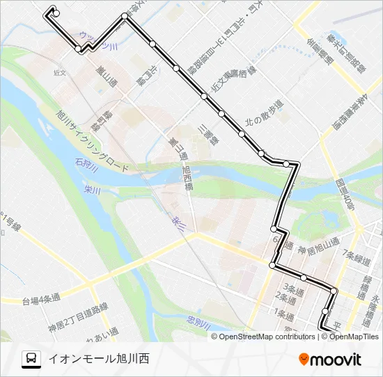 番ルート：スケジュール、停車地、地図-イオンモール旭川西