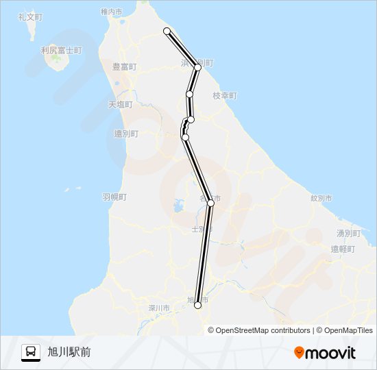 旭川～鬼志別 バスの路線図