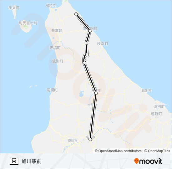 旭川～鬼志別 バスの路線図