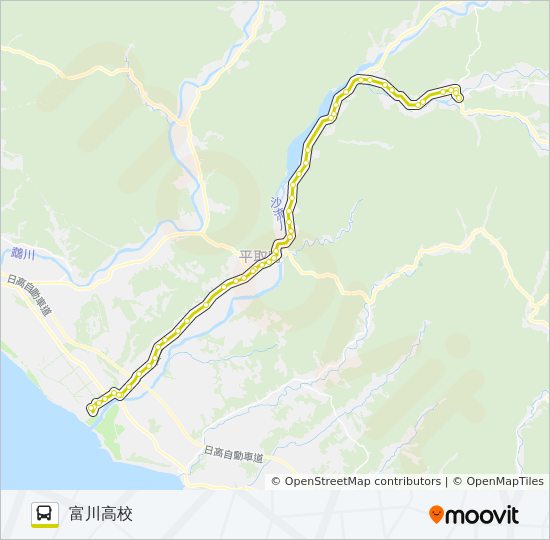日高ターミナル→振内案内所→平取→富川高校 bus Line Map