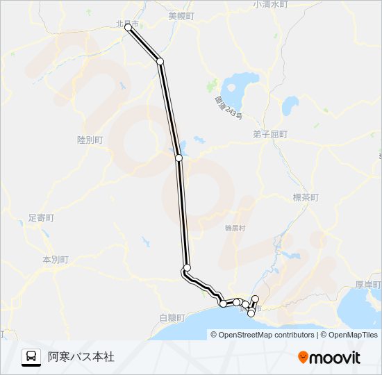 釧路～北見 Bus Line Map
