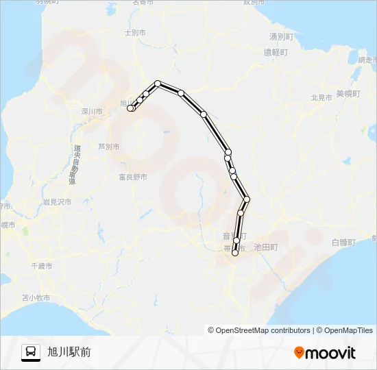 旭川～三国峠～帯広 Bus Line Map