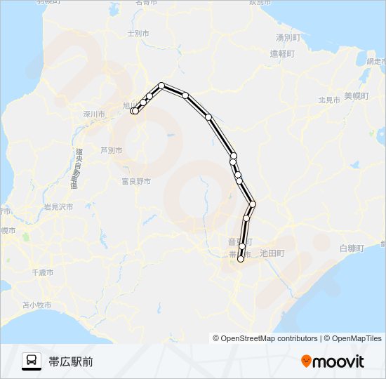 旭川～三国峠～帯広 バスの路線図