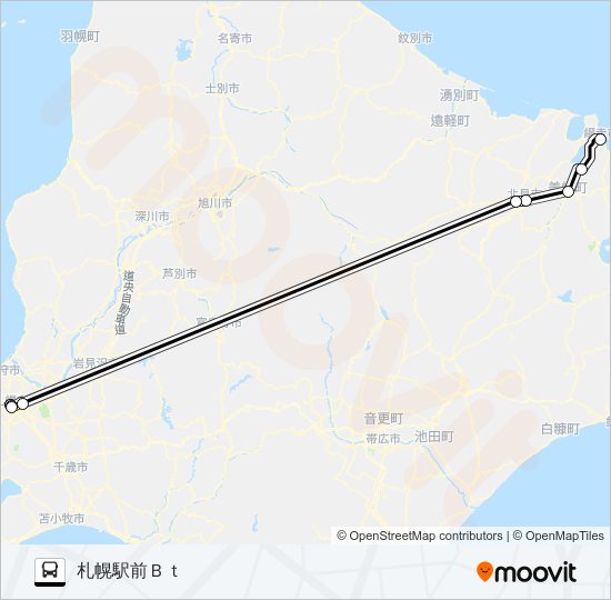 札幌～北見 バスの路線図