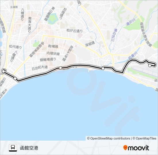 函館駅前→函館空港 バスの路線図