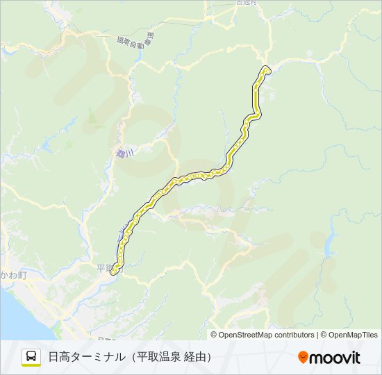 富川高校→平取→振内案内所→日高ターミナル バスの路線図