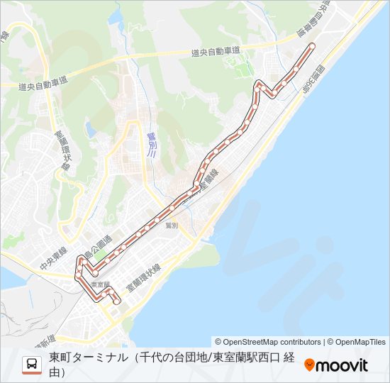 37 千代の台線（東室蘭駅西口経由） バスの路線図