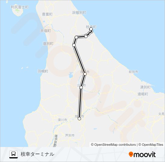 旭川～枝幸 バスの路線図