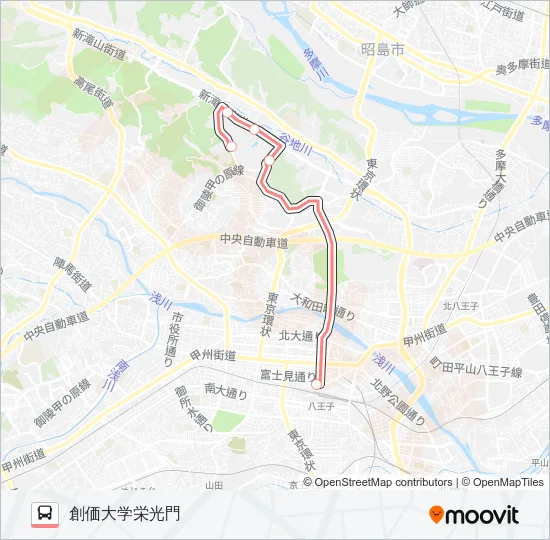 八王子駅北口-〔急行〕創価大学栄光門 の路線図