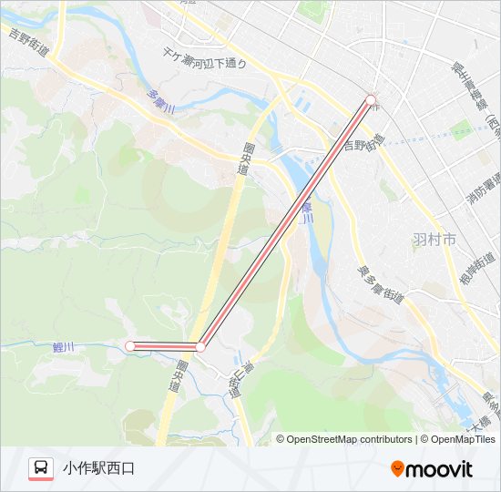 菅生高校-小作駅西口〔急行学びの城経由〕 バスの路線図