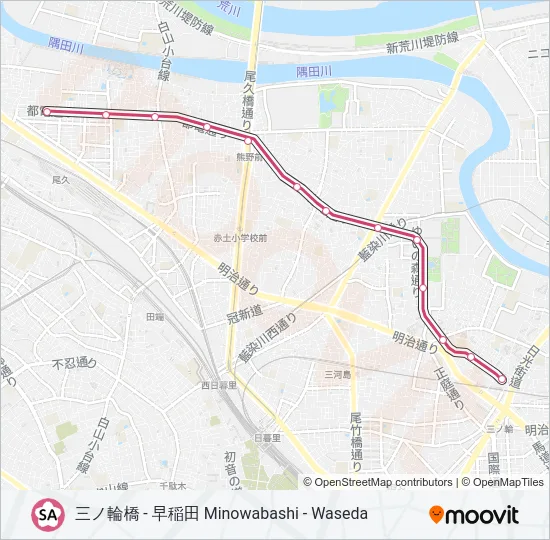 東京さくらトラム（都電荒川線） TOKYO SAKURA TRAM (ARAKAWA LINE) の路線図