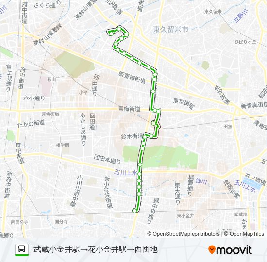 西団地→花小金井駅→武蔵小金井駅 Bus Line Map