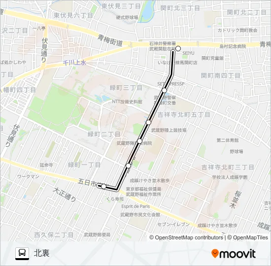 武蔵野（営）〜北裏 バスの路線図