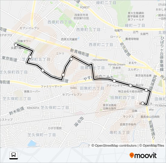 ＮＩ田無駅〜六都　西原４経由 Bus Line Map