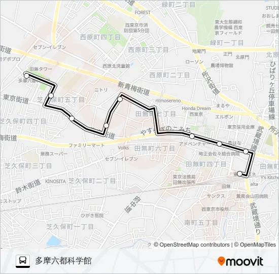 ＮＩ田無駅〜六都　西原４経由 Bus Line Map