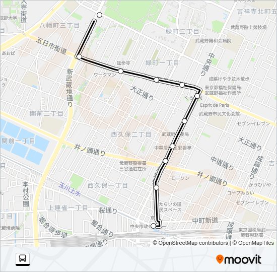 武蔵野中央公園→第五小学校→三鷹駅 バスの路線図