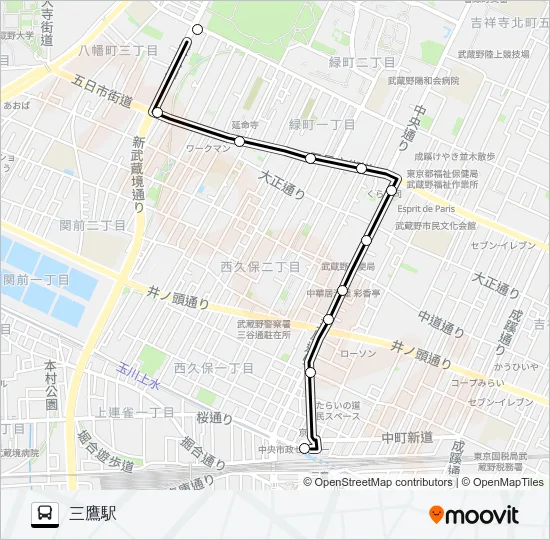 武蔵野中央公園→第五小学校→三鷹駅 Bus Line Map