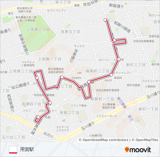 弦巻営業所-用賀駅 バスの路線図