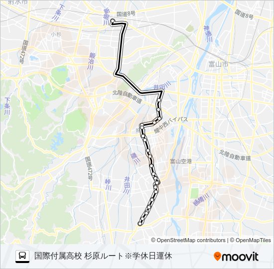 富山国際大付属高校（八尾）線※学休日運休 Bus Line Map