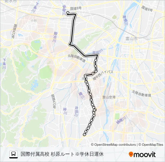 富山国際大付属高校（八尾）線※学休日運休 バスの路線図