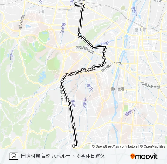 富山国際大付属高校（八尾）線※学休日運休 バスの路線図