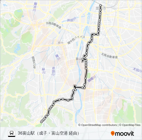 富山空港・総合運動公園・成子経由八尾線 Bus Line Map
