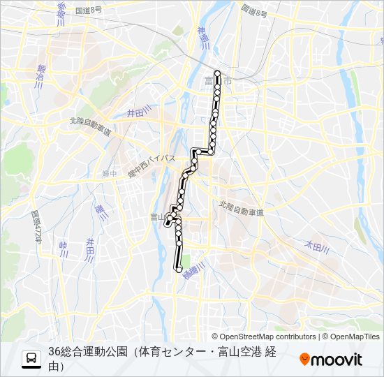 富山空港・総合運動公園・成子経由八尾線 Bus Line Map
