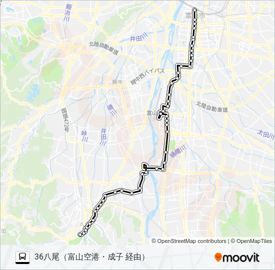 富山空港・総合運動公園・成子経由八尾線 バスの路線図