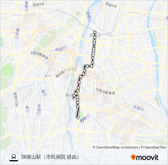 富山空港・総合運動公園・成子経由八尾線 バスの路線図