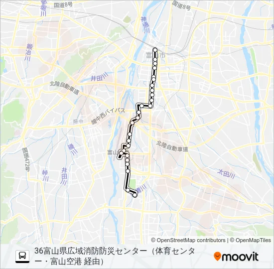 富山空港・総合運動公園・成子経由八尾線 Bus Line Map