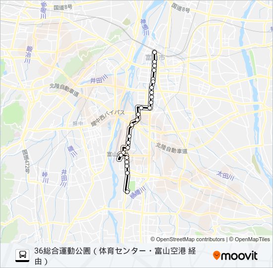 富山空港・総合運動公園・成子経由八尾線 バスの路線図
