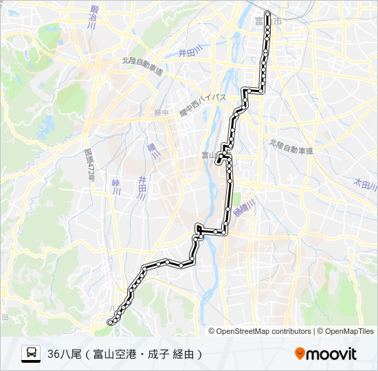 富山空港・総合運動公園・成子経由八尾線 バスの路線図