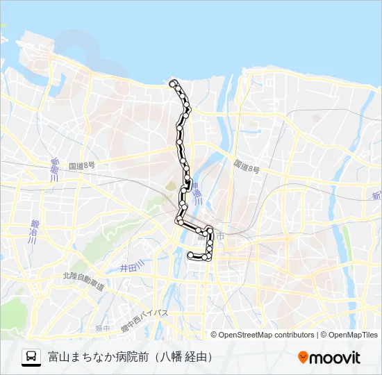 八幡四方(富山まちなか病院前)線 Bus Line Map