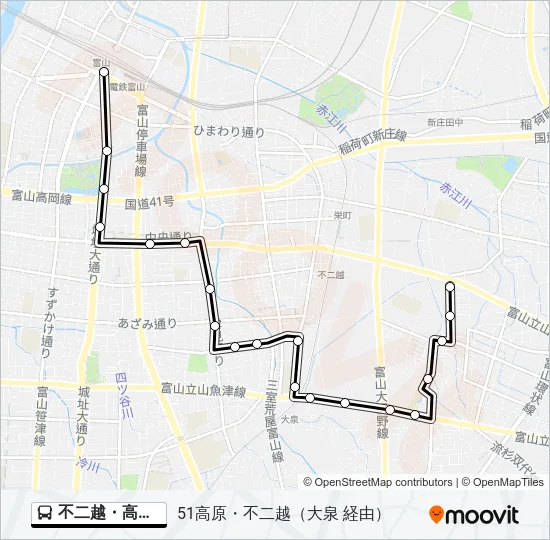 不二越・高原線 Bus Line Map