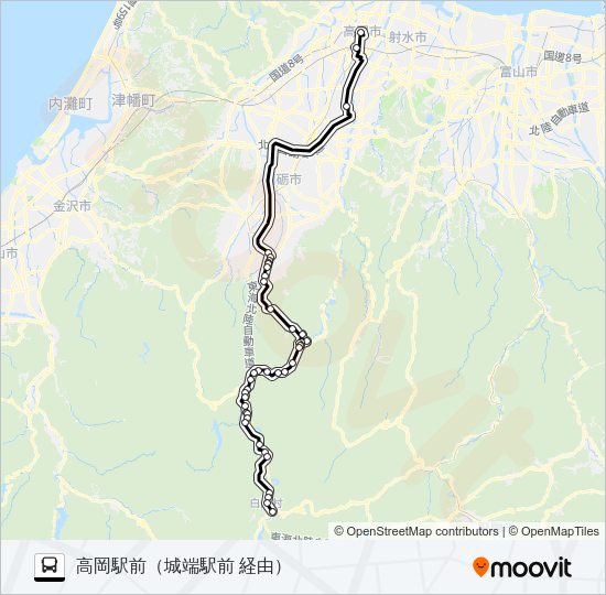 白川郷→高岡駅前 Bus Line Map