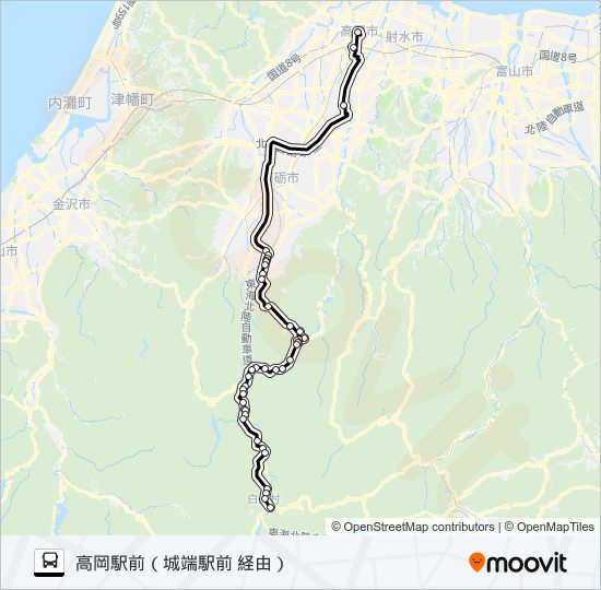 白川郷→高岡駅前 バスの路線図