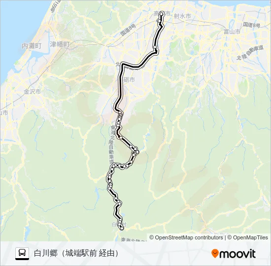 高岡駅前→白川郷 バスの路線図