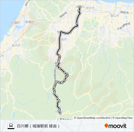 高岡駅前→白川郷 バスの路線図