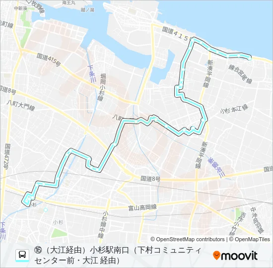 (16)小杉駅・下経由足洗線（北系統・大江） バスの路線図